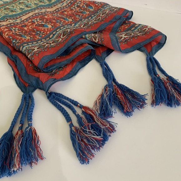 100% Silk Scarf Shawl Tassels Red Teal Ivory Floral Boho Global Artisan Wrap - Picture 10 of 14